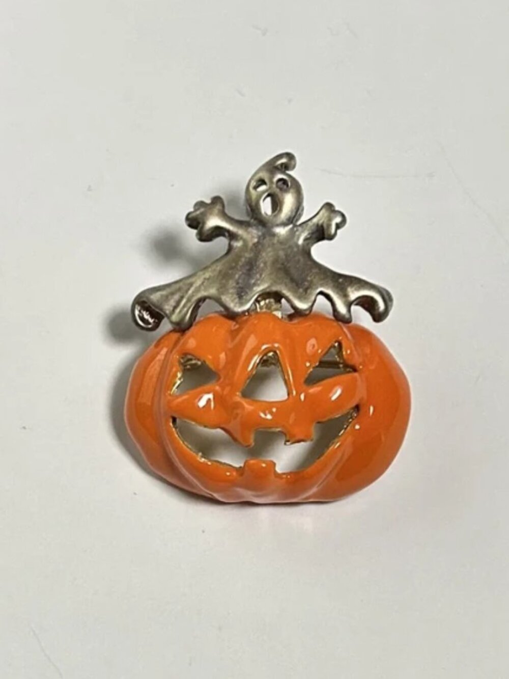 Vintage Halloween Enamel Jack-O-Lantern Pumpkin & Ghost Pendant Brooch Pin